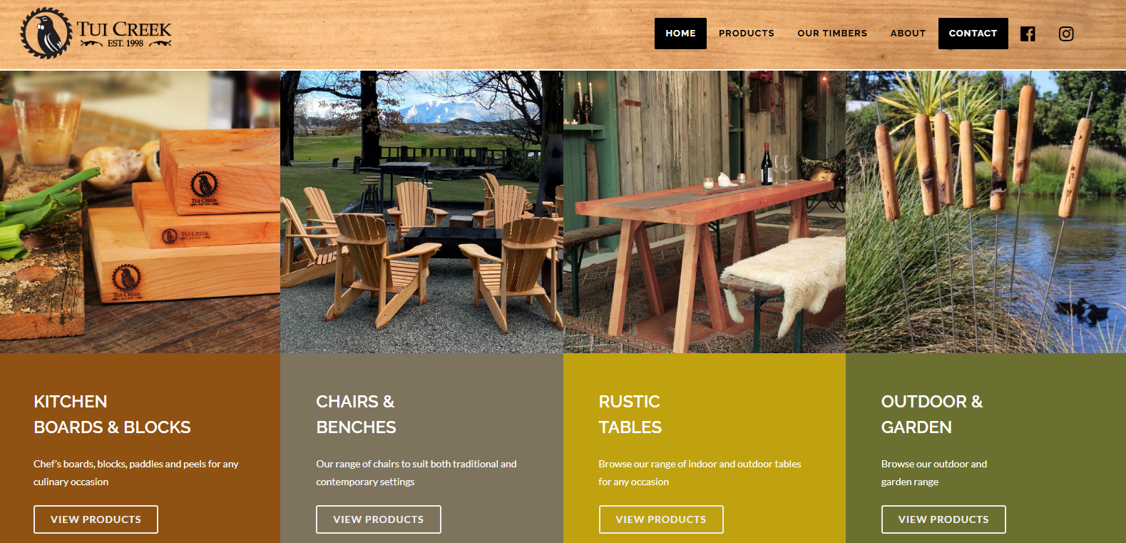 Tui Creek product range: Kitchen boards and blocks, chairs and benches, rustic tables, outdoor and garden